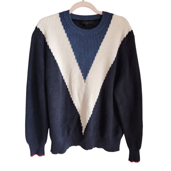 Rag & Bone Sweater Men's Large Blue Emory Cotton Crew Neck Colorblock Cotton - Picture 1 of 10
